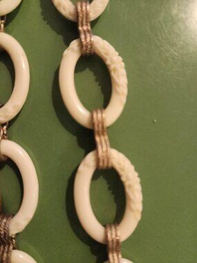 VTG Monet Ivory Enamel & Goldtone Oval Link Floral-Carved Necklace 34" Signed